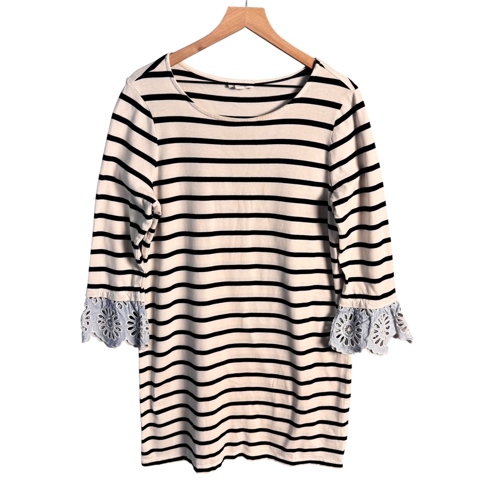 Beachlunchlounge Striped Eyelet Lace Trim Dress Navy Cream 3/4 Sleeve Large